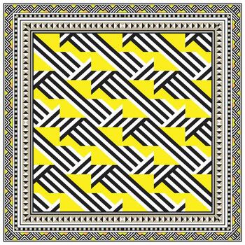 A vibrant square scarf pattern featuring black and white diagonal stripes forming star shapes on a bright yellow background, frame with geometric borders. vector
