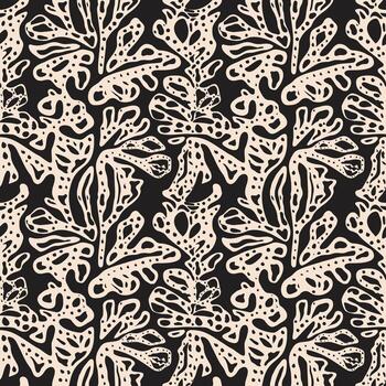 Seamless abstract pattern featuring organic, flowing shapes in beige on a black background, resembling stylized foliage. vector