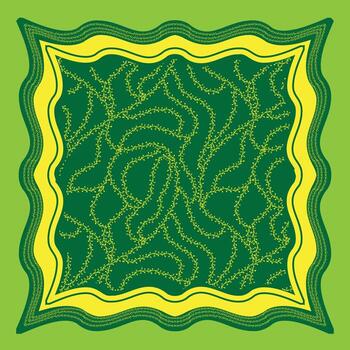 A textured green square scarf print with swirling yellow vine, bordered by wavy yellow edges, set against a lighter green background. vector