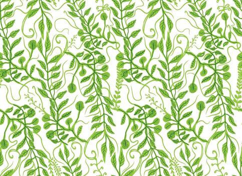 A s aeamless pattern of lush green vines and leaves, showcasing various shapes and texturesgainst a white background. vector