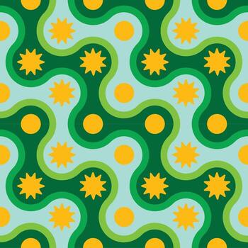 un vibrante, resumen modelo presentando ondulado verde líneas, brillante amarillo estrellas, y naranja puntos en un ligero azul fondo, repitiendo impresión vector