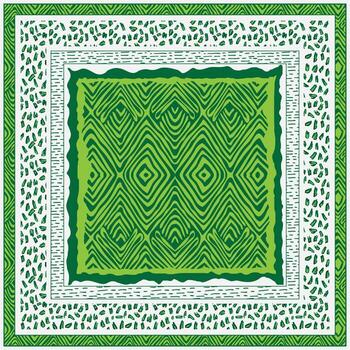 Abstract green scarf patterned textile with wavy lines and diamond shapes, framed by intricate borders in varying shades of green. vector