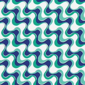 Abstract wave repeating pattern in shades of teal, turquoise, and navy blue on a white background, creating a fluid and dynamic print design. vector