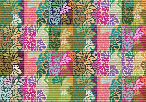 A vibrant repeat pattern of oversized tropical leaves in various colors, arranged in a grid with alternating stripes background design. vector