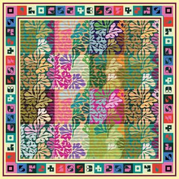 vistoso cuadrado pañuelo impresión labor de retazos de floral patrones con un geométrico borde, mezcla vibrante matices y formas en un juguetón diseño. vector