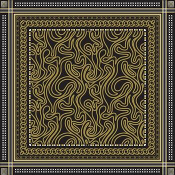 un decorativo intrincado negro y oro resumen bufanda modelo con arremolinándose líneas, enmarcado por florido fronteras elegante y moderno diseño. vector