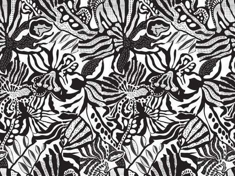 Intricate black and white floral and butterfly pattern, showcasing various shapes and textures in a seamless design. vector
