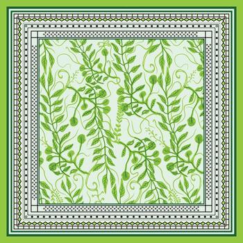 A botanical square scarf pattern featuring various green leaves and vines on a light green background, framed by intricate black and white borders. vector