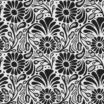 negro y blanco floral modelo presentando varios flores y hojas en un repitiendo superficie diseño vector