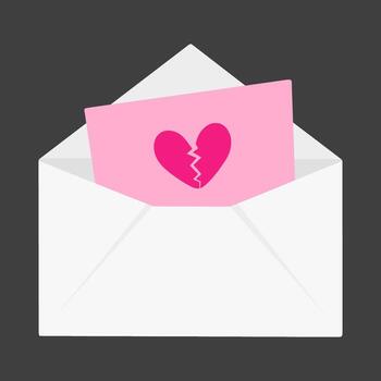 White envelope containing pink card showing broken heart symbolizing breakup vector