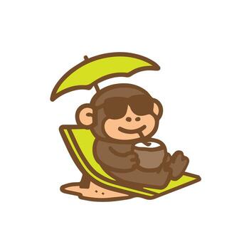 Monkey relaxing on a beach with a coconut drink under an umbrellaMonkey relaxing on a beach with a coconut drink under an umbrellaMonkey relaxing on a beach with a coconut drink under an umbrella vector