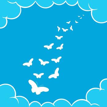 Sky background with clouds and flying butterflies vector
