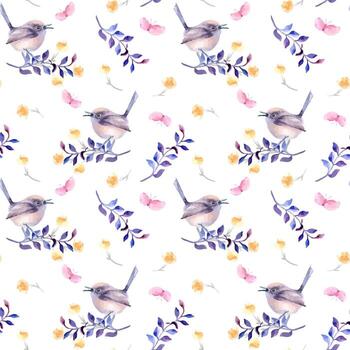 Watercolor seamless pattern small birds in pastel purples on branch isolated. Foliate pattern with tiny bird butterfly and flower sketch hand drawn. Bird nature art design wallpaper, textile vector