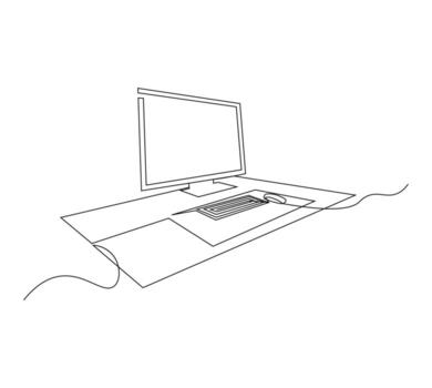 Computer Monitor on Work Desk. Continuous Line Art of Office and Workplace Illustration vector