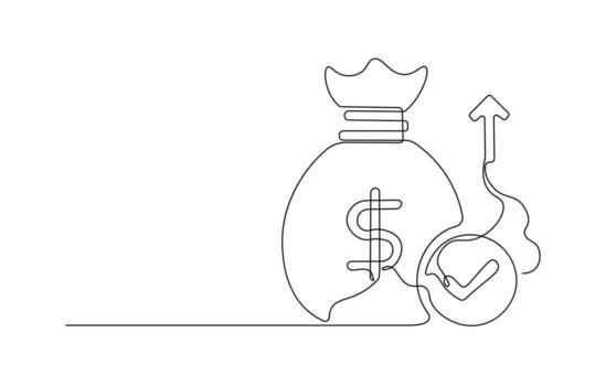 Money Bag with Check Mark and Up Arrow. Continuous Line Art of Investment and Financial Growth vector