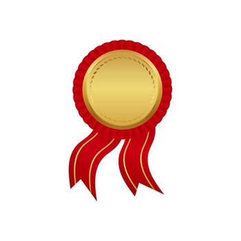 Red ribbon award badge with shiny golden center simple design element vector