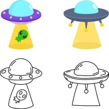 Cartoon UFO spaceship set with colorful and outline style vector