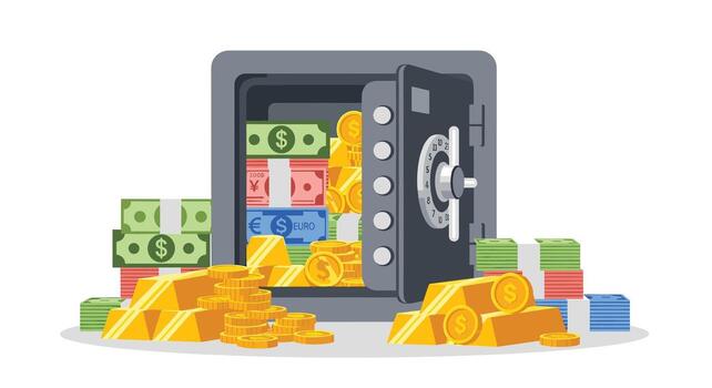 Open Safe with Currency, Gold, and Financial Security Represented in a Flat Design Illustration, Symbolizing Wealth, Savings and Prosperity vector