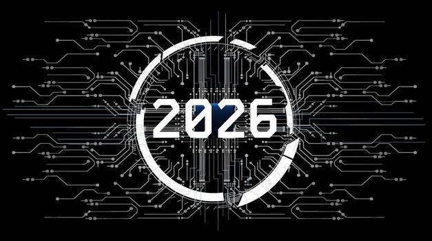 A countdown design features the year 2026 at its center, surrounded by intricate circuit patterns on a dark background. It symbolizes innovation and technology. vector
