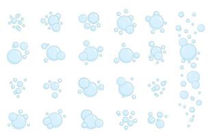 Blue flat air bubbles. Soap bubbles, outline water boiling icons, foam circles effervescent compositions, cleaning signs. Cleaning detergent, shower vector