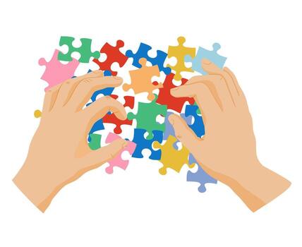 personaje manos tenencia, montaje, conectando rompecabezas rompecabezas piezas. rompecabezas juego símbolo y icónico negocio metáfora para problema resolviendo estrategia vector