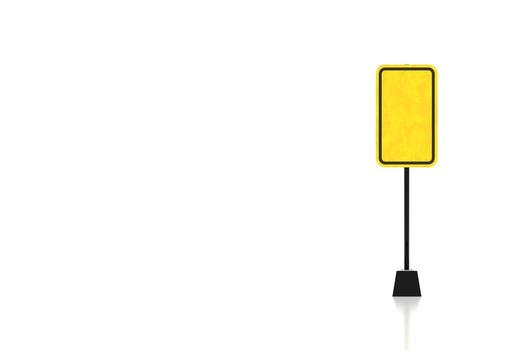 3D rendered blank yellow rectangular warning sign with black border, standing on a black base. Isolated on white background with centered composition. Perfect for use as a safety, caution, photo