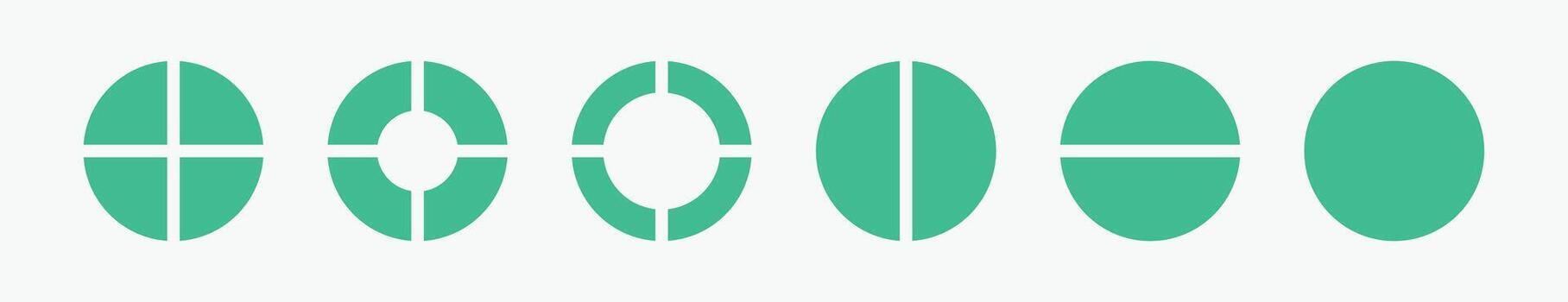 Set of four parts of circle. Pie chart with four same size sectors. A series of six green circle graphics are displayed in a row. vector