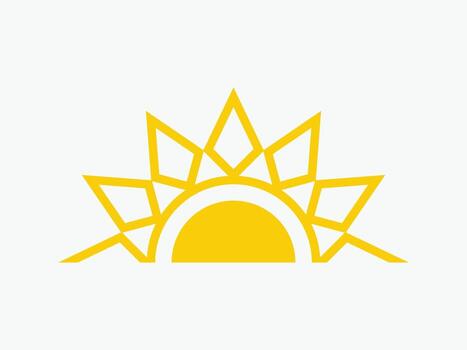 Yellow half sun icon, including shining rays, sunset designs, with geometric triangular rays extending outward. vector