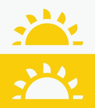 icon set Yellow half sun, Two minimalist illustrations of a sun with half-circles representing the body and radiating triangular rays. vector