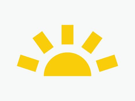 Yellow half sun icon, including shining rays, sunset designs, a semicircle base and five rectangular rays extending outward. vector