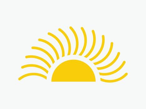 Yellow half sun icon, including shining rays, sunset designs, The uniform thickness and rounded ends of the rays add a playful, cartoon-like quality to the image. vector