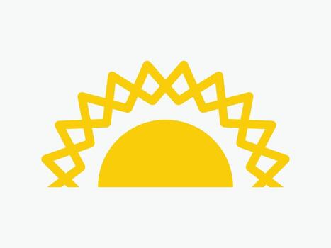 Yellow half sun icon, including shining rays, sunset designs, A stylized yellow sun icon features a semi-circular base with zigzag patterns emerging symmetrically from the top. vector