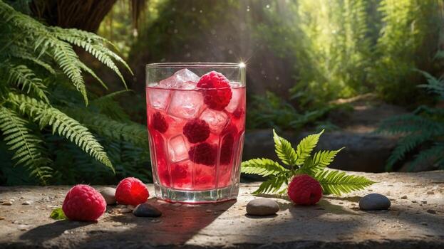Refreshing raspberry drink with ice in a glass, surrounded by ferns in a serene forest setting photo