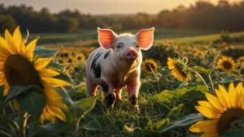 juguetón cerdito retozando en un vibrante girasol campo durante atardecer, con lozano verdor en el antecedentes foto