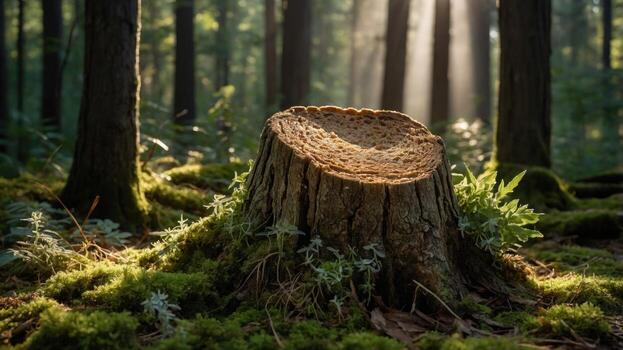 Sunlight streaming through trees illuminates a moss-covered tree stump in a serene forest setting photo