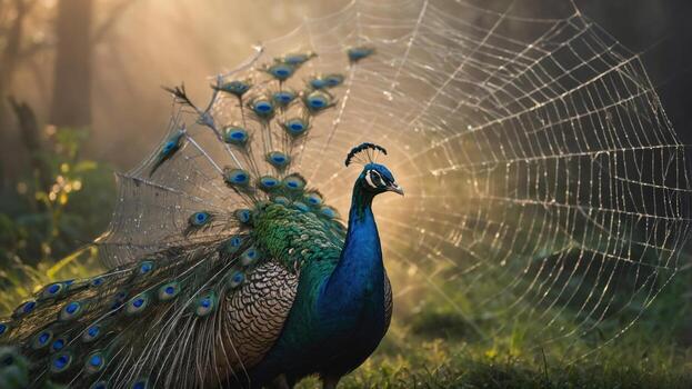 Majestic peacock displaying its vibrant feathers in a misty forest, with a spider web shimmering in the background photo