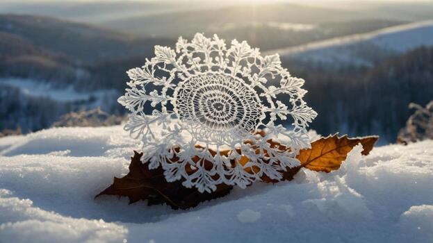 Intricate frost pattern rests on a leaf in a snowy landscape, with mountains and sunlight in the background photo