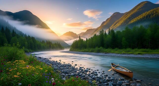 Nature travel background with mountain waterfall cascading cliffside photo