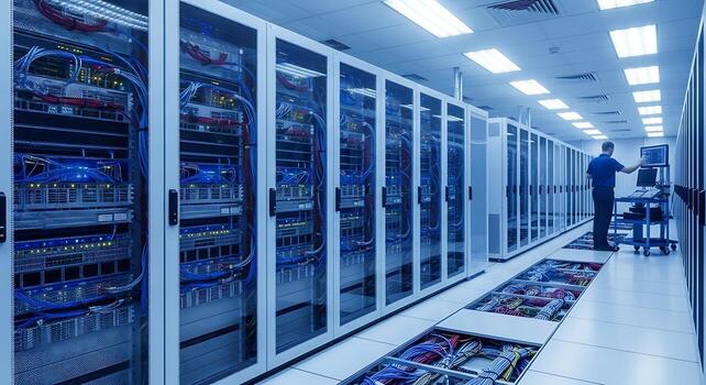 High speed data processing computer server room with glowing cables photo