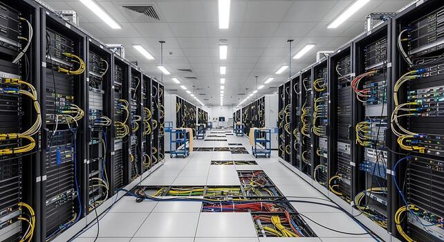 Data processing center computer server room with modern architecture photo