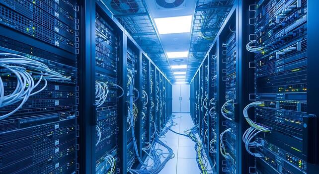 Organized cabling system computer server room with secure access doors photo