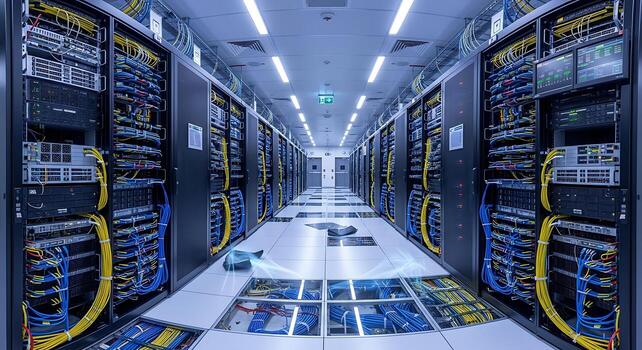 Advanced technology setup computer server room with hardware racks photo