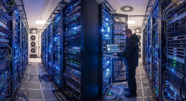 Computer server room featuring powerful cloud computing infrastructure photo