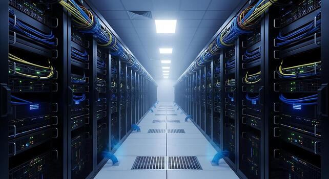 Computer server room showing multiple network switches and routers photo