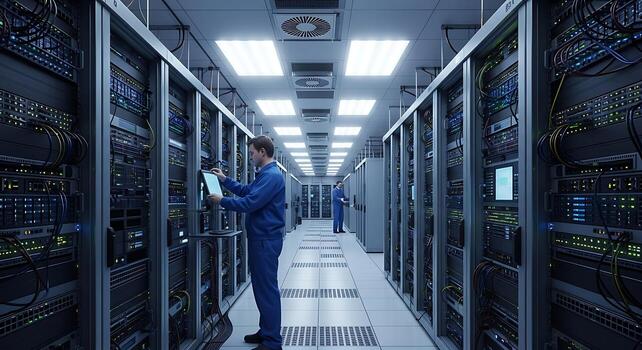 Data transfer hub computer server room with advanced networking hardware photo