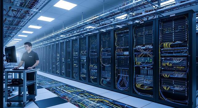 Computer server room with multiple storage drives and processors photo