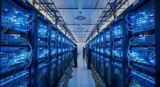 Organized racks inside computer server room with monitoring systems photo
