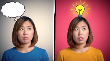 Before and after concept of getting an idea. A confused woman with a blank thought bubble transforms to have a eureka moment with a light bulb. video