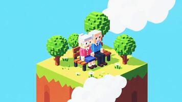 en söt 3d isometrisk animering av en senior par Sammanträde tillsammans på en parkera bänk på en mycket liten, grön flytande ö, omgiven förbi moln och träd. video