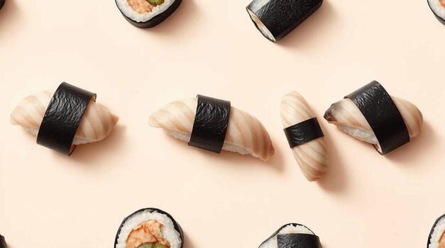 A vibrant and appetizing overhead view of various sushi rolls and nigiri arranged in a repeating pattern on a soft peach background photo